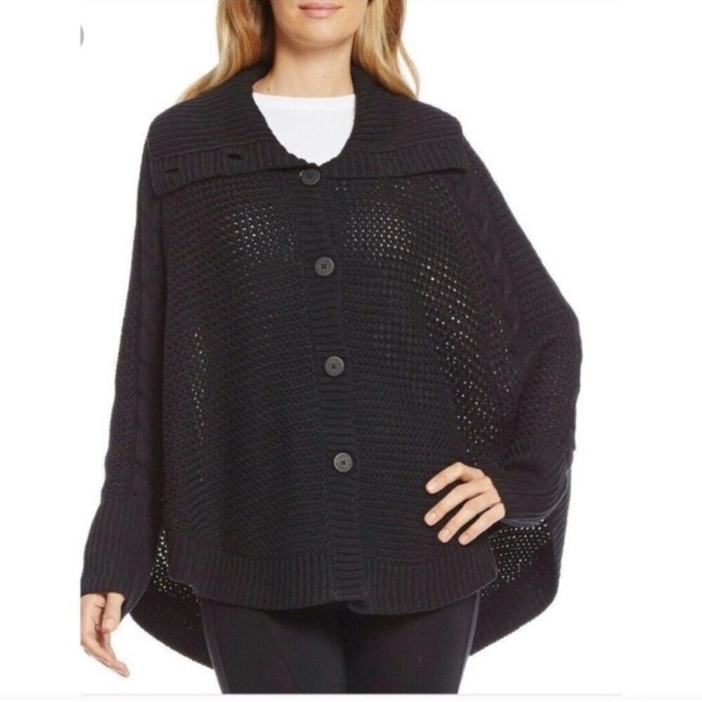 UGG Maribeth black cable knit cocoon cape button front sweater size XS / Small
